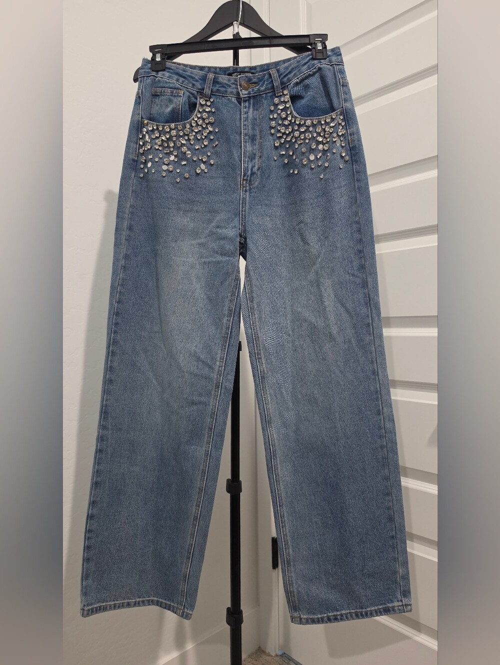 Steve Madden Rhinestone Wide Leg Denim Blue Jeans Women's Sz 31 NWT